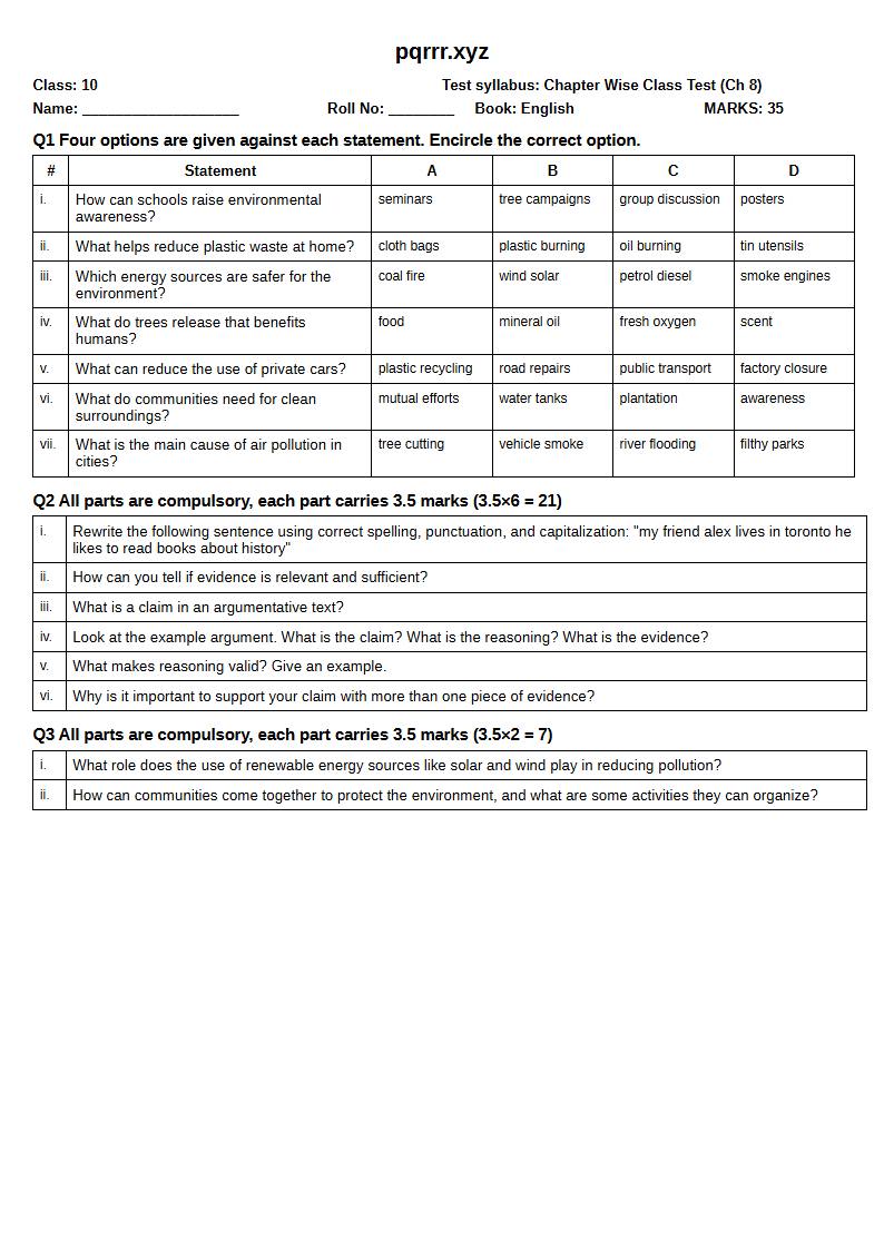 First page of 10th English – Chapter 8 – Pollution-Free Pakistan with Greenery All Around – Chapter Wise Class Test, 35 marks (English)