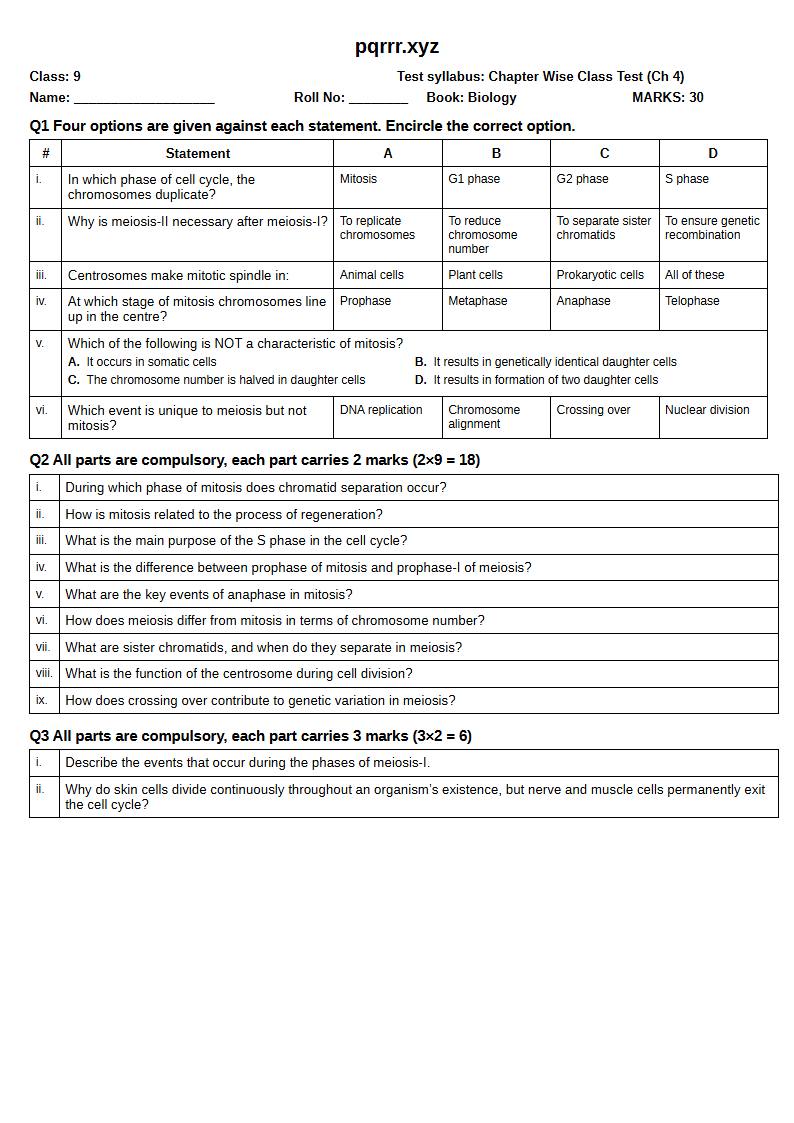 First page of 9th Biology – Chapter 4 – Cell Cycle – Chapter Wise Class Test, 30 marks (English)