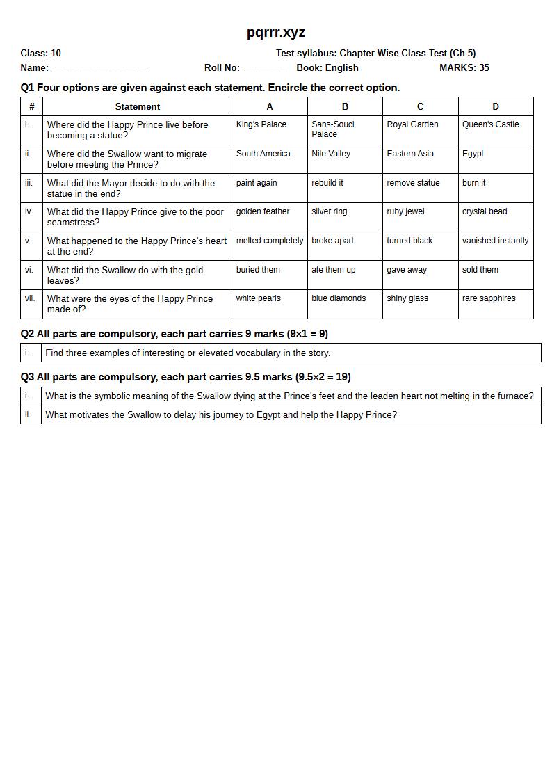 First page of 10th English – Chapter 5 – The Happy Prince – Chapter Wise Class Test, 35 marks (English)