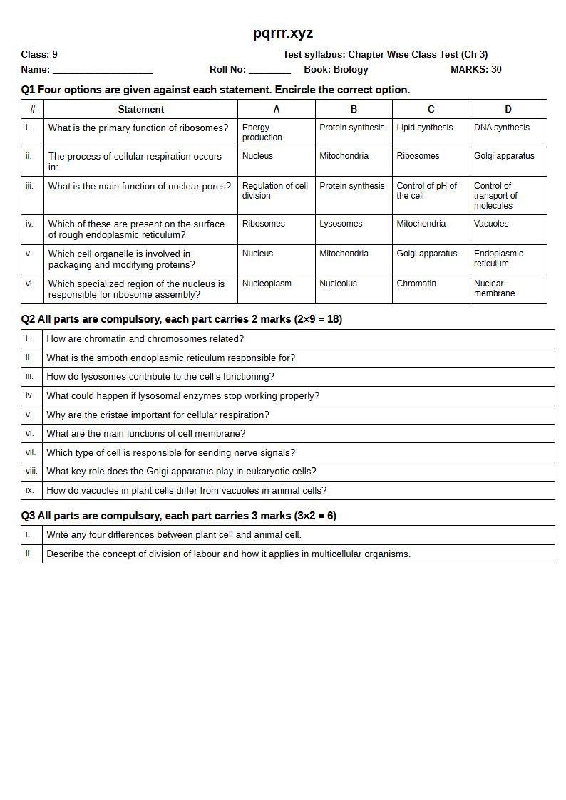 First page of 9th Biology – Chapter 3 – The Cell – Chapter Wise Class Test, 30 marks (English)