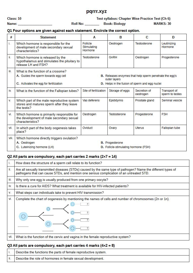 First page of 10th Biology – Chapter 6 – Reproduction – Chapter Wise Practice Test, 30 marks (English)