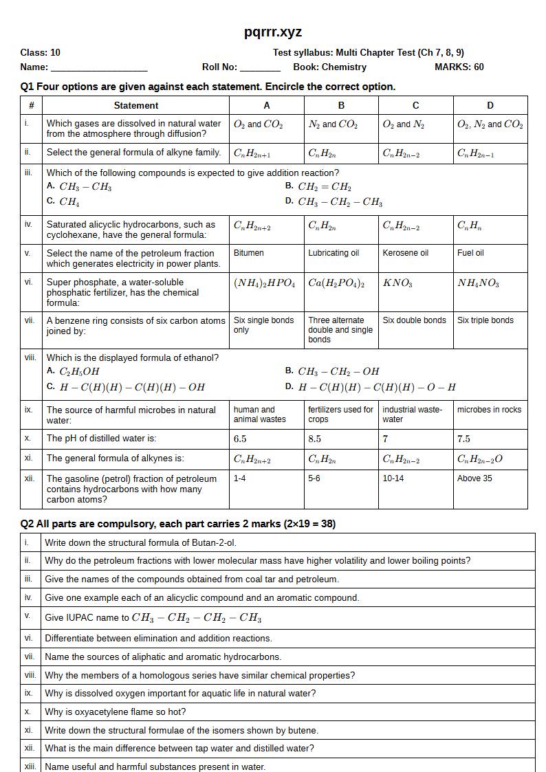 First page of 10th Chemistry – Chapters 7–9 – Multi Chapter Test, 60 marks (English)