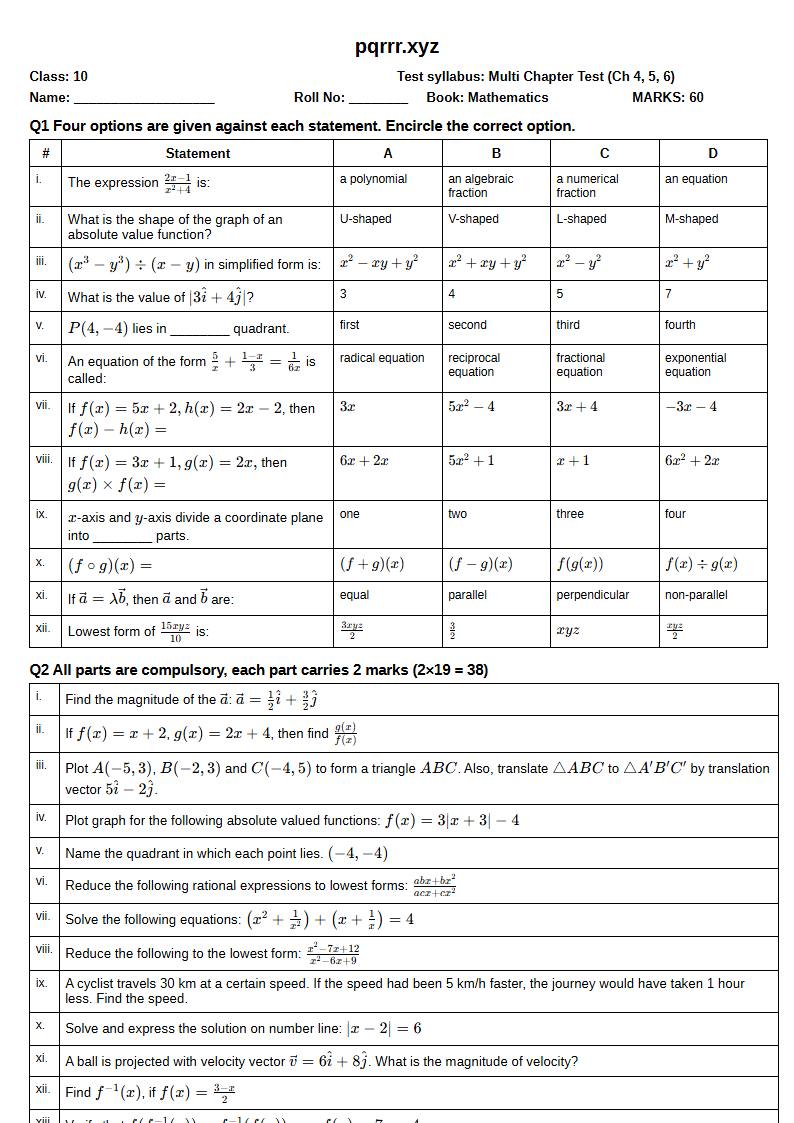 First page of 10th Mathematics – Chapters 4–6 – Multi Chapter Test, 60 marks (English)