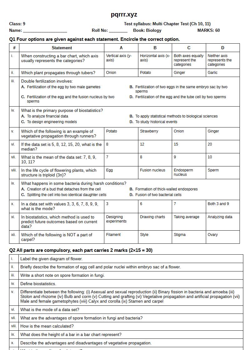 First page of 9th Biology – Chapters 10–11 – Multi Chapter Test, 60 marks (English)