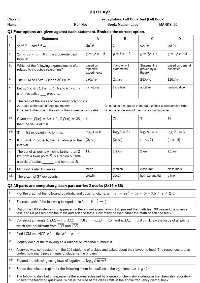 First page of 9th Mathematics – Complete book – Full Book Test, 60 marks (English)