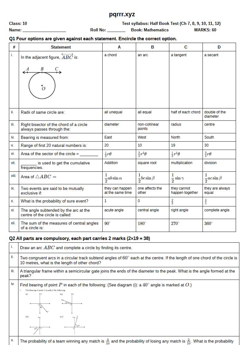 First page of 10th Mathematics – Half book (Chapters 7–12) – Half Book Test, 60 marks (English)