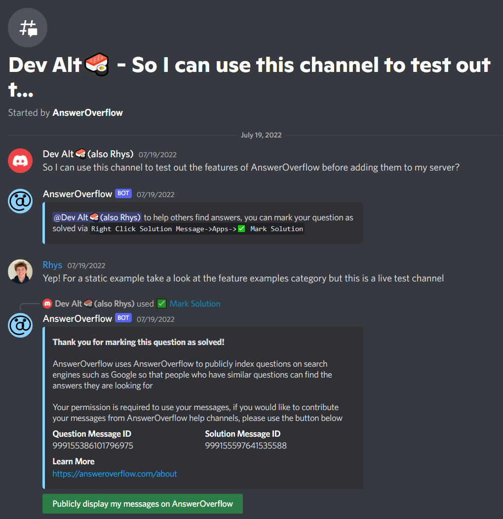 Shows a new thread with the AnswerOverflow bot prompting the original poster with instructions on how to mark as solved, along with the final message in the thread being a thank you response from the AnswerOverflow bot for marking a solved