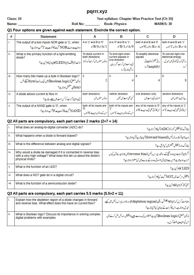 First page of 10th Physics – Chapter 10 – Electronics – Chapter Wise Practice Test, 30 marks (English + Urdu)