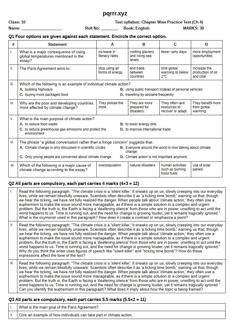 First page of 10th English – Chapter 4 – The Earth: Act Now for Tomorrow – Chapter Wise Practice Test, 30 marks (English)