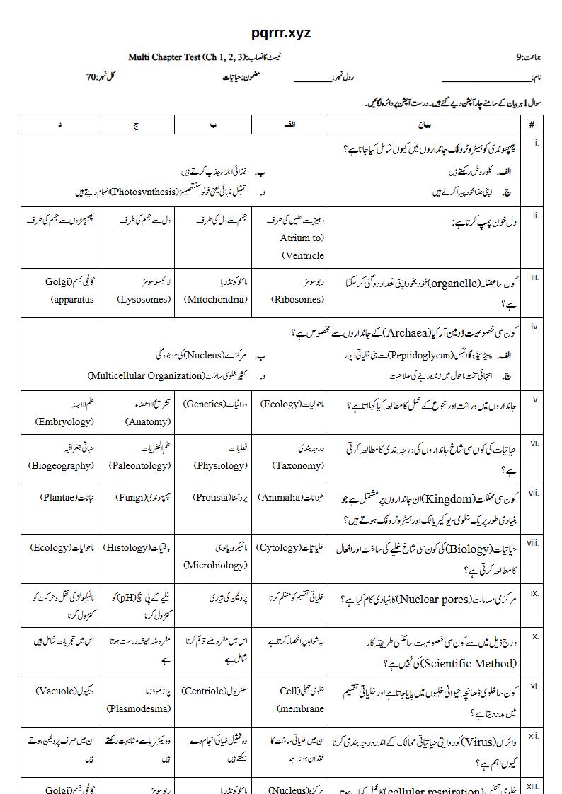 First page of 9th Biology – Chapters 1–3 – Multi Chapter Test, 70 marks (Urdu)