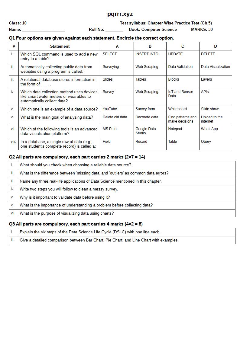 First page of 10th Computer Science – Chapter 5 – Introduction to Data Science – Chapter Wise Practice Test, 30 marks (English)