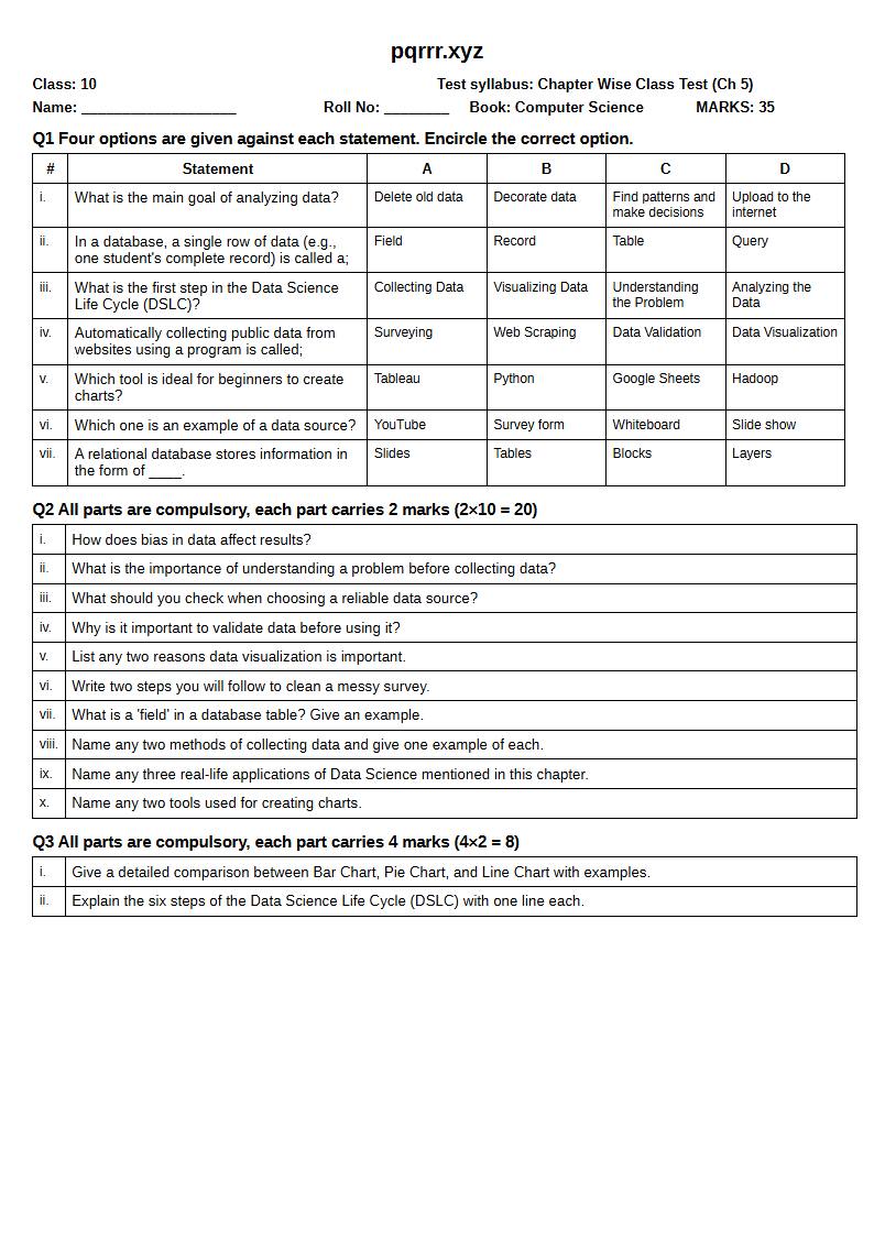 First page of 10th Computer Science – Chapter 5 – Introduction to Data Science – Chapter Wise Class Test, 35 marks (English)