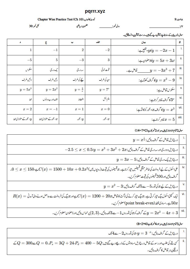 First page of 9th Mathematics – Chapter 10 – Graphs of Functions – Chapter Wise Practice Test, 30 marks (Urdu)