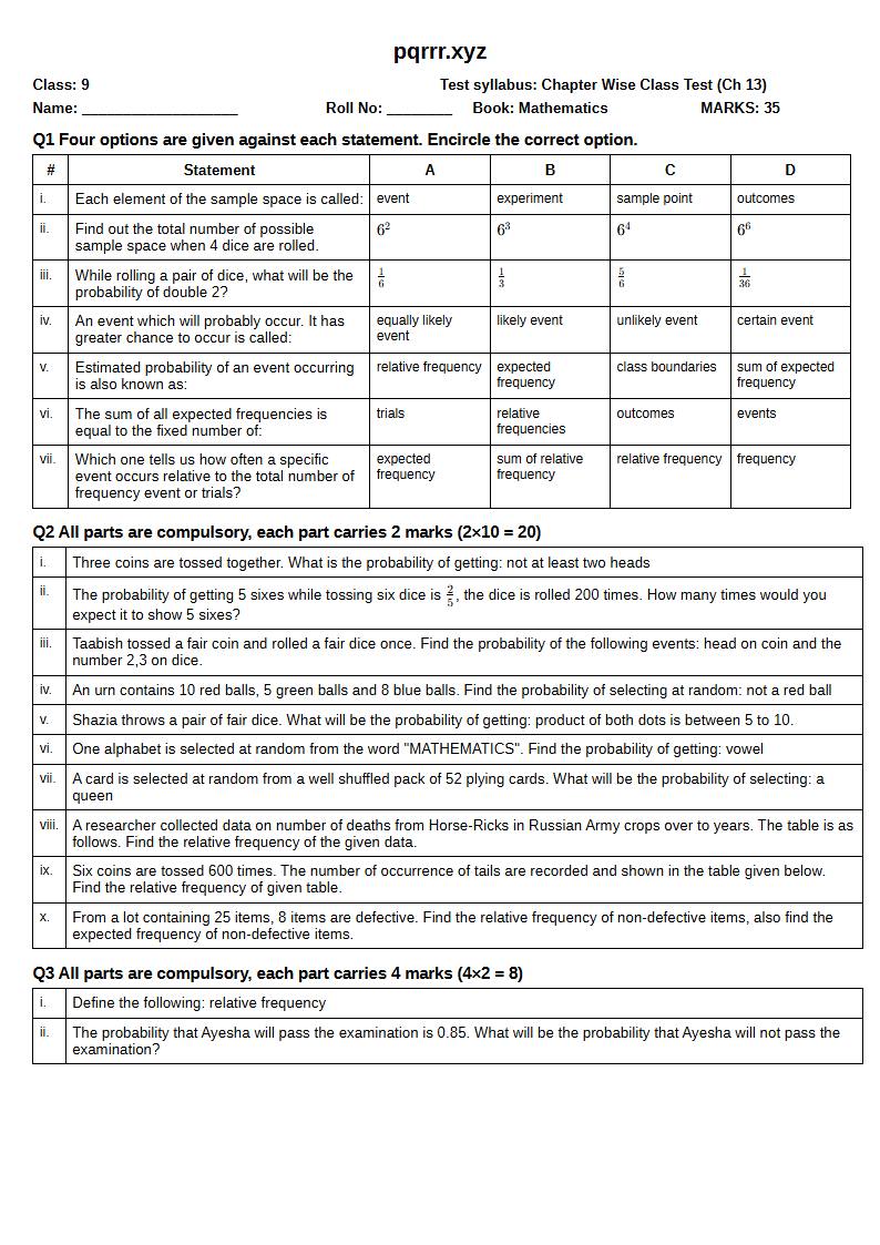 First page of 9th Mathematics – Chapter 13 – Probability – Chapter Wise Class Test, 35 marks (English)