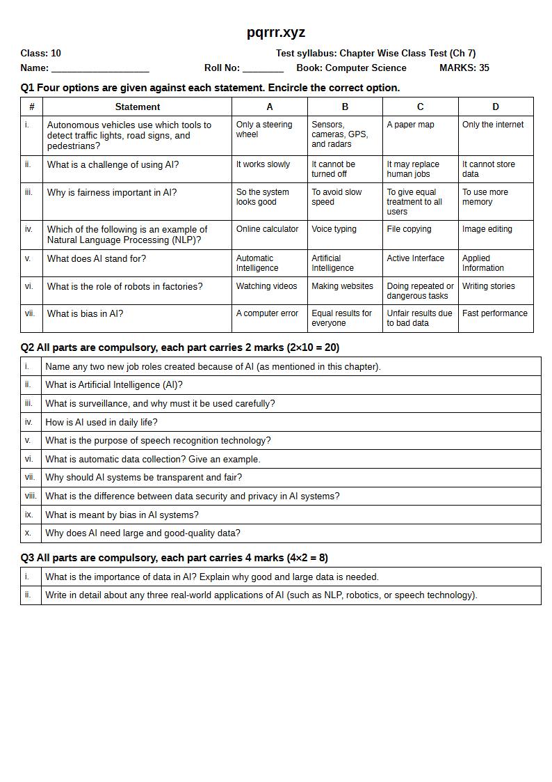 First page of 10th Computer Science – Chapter 7 – Applications of AI – Chapter Wise Class Test, 35 marks (English)