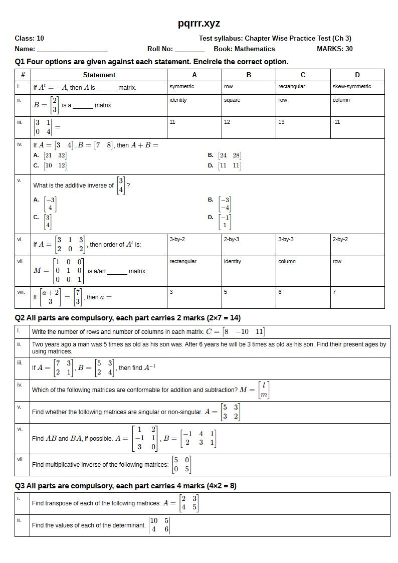 First page of 10th Mathematics – Chapter 3 – Matrices and Determinants – Chapter Wise Practice Test, 30 marks (English)