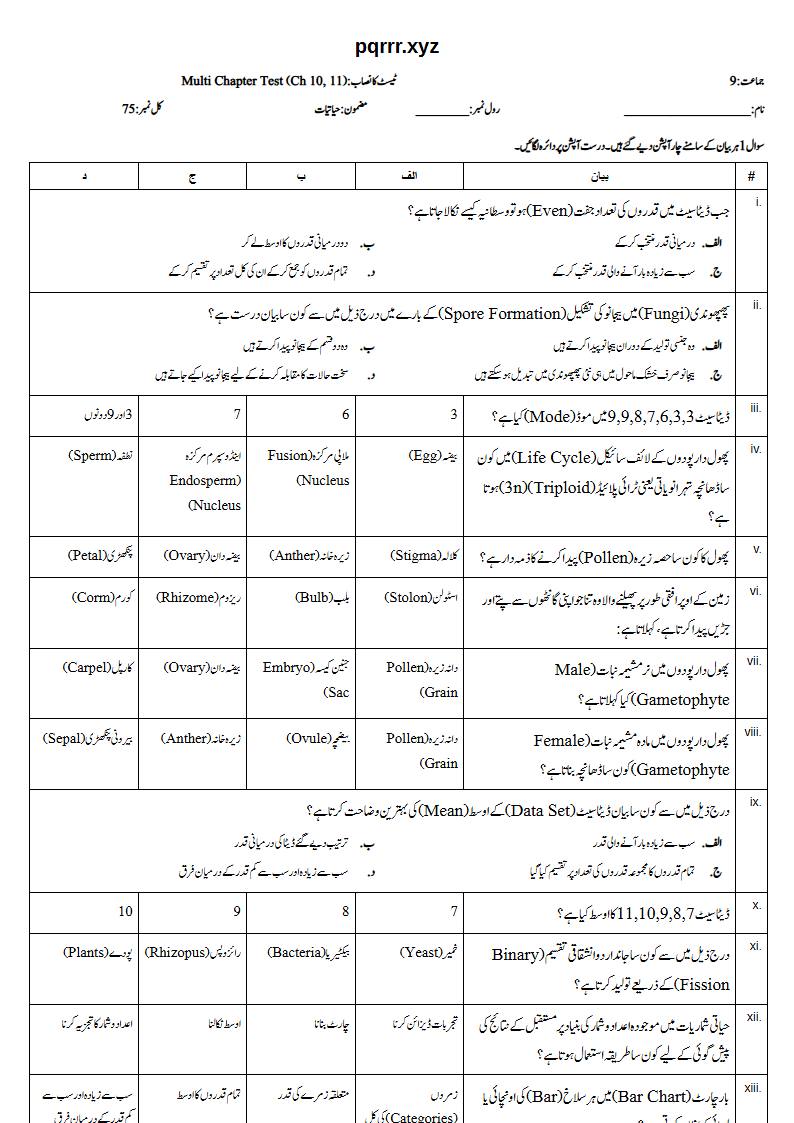 First page of 9th Biology – Chapters 10–11 – Multi Chapter Test, 75 marks (Urdu)