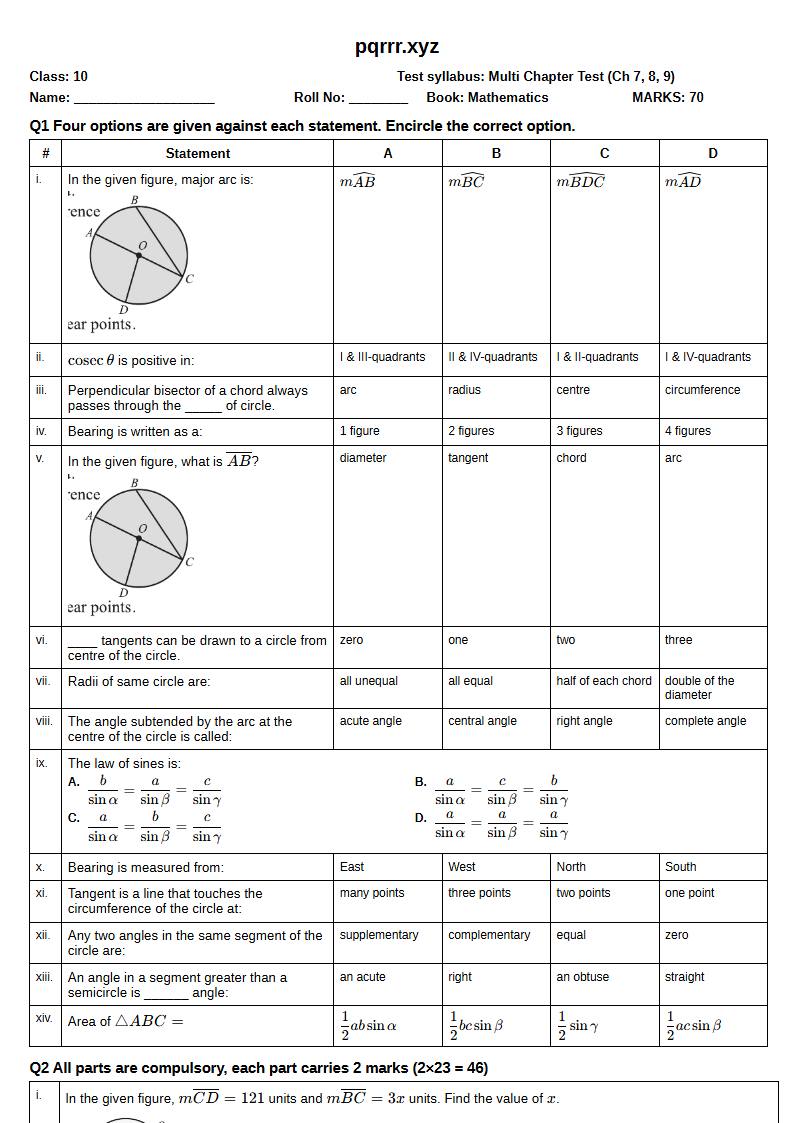 First page of 10th Mathematics – Chapters 7–9 – Multi Chapter Test, 70 marks (English)