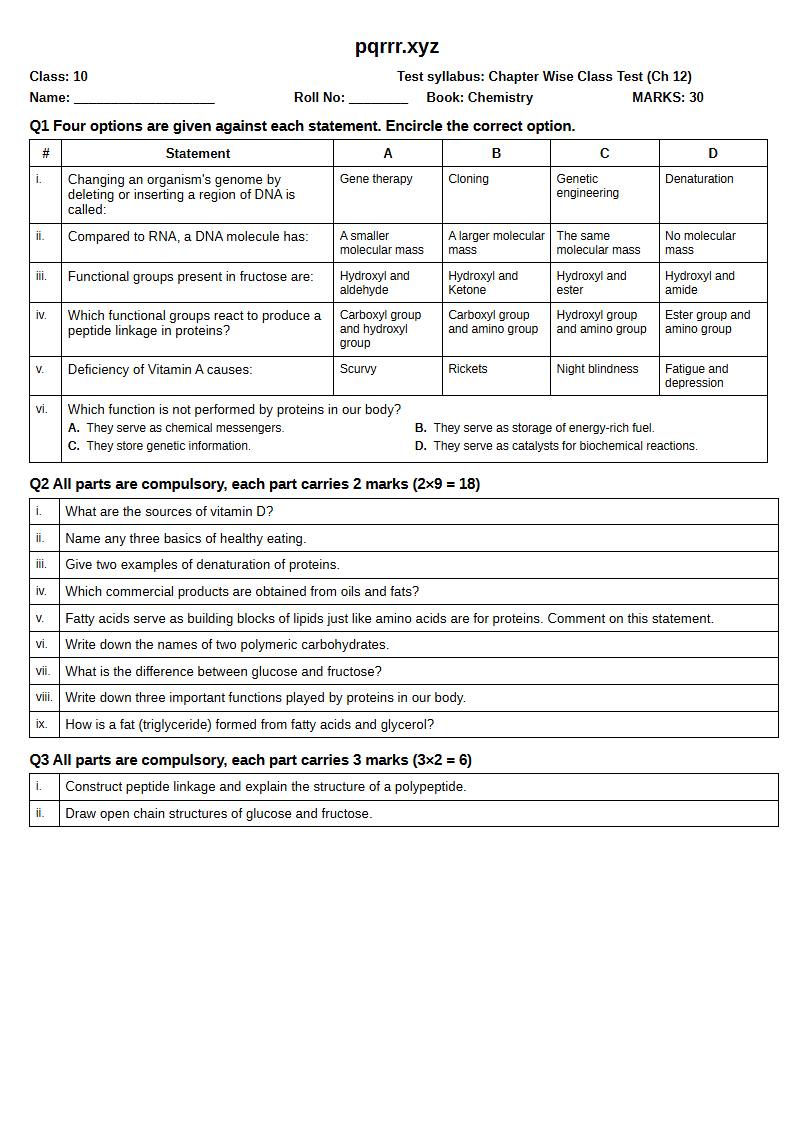 First page of 10th Chemistry – Chapter 12 – Biochemistry – Chapter Wise Class Test, 30 marks (English)