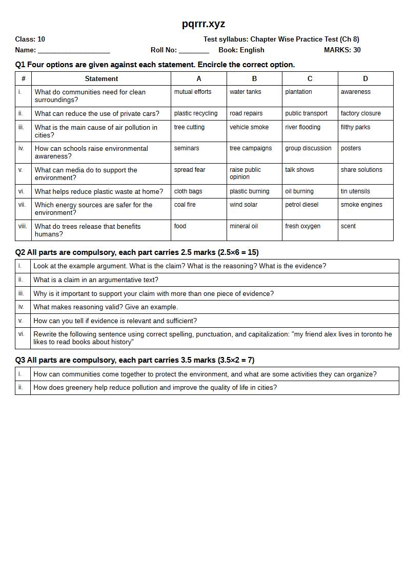 First page of 10th English – Chapter 8 – Pollution-Free Pakistan with Greenery All Around – Chapter Wise Practice Test, 30 marks (English)