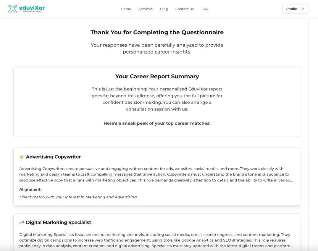 The EduviXor Insights Page displaying a summary of personalized career matches, including roles like Advertising Copywriter and Digital Marketing Specialist, based on questionnaire responses.