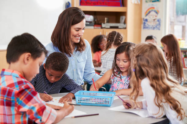 Students engaged in collaborative learning, developing social skills through group activities.