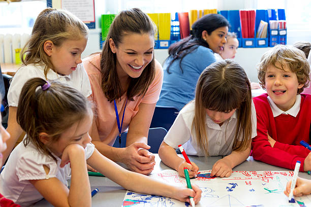 Children learning in a UK primary school classroom, focusing on literacy and numeracy.