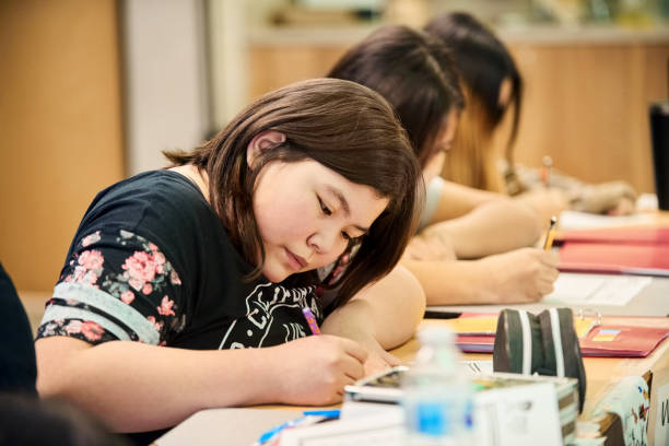 An Indigenous educator teaching a group of students about Indigenous culture, history, and traditions in a classroom setting.