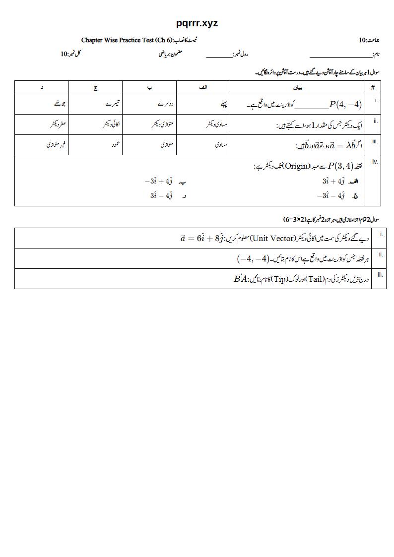 First page of 10th Mathematics – Chapter 6 – Vectors in Plane – Chapter Wise Practice Test, 10 marks (Urdu)