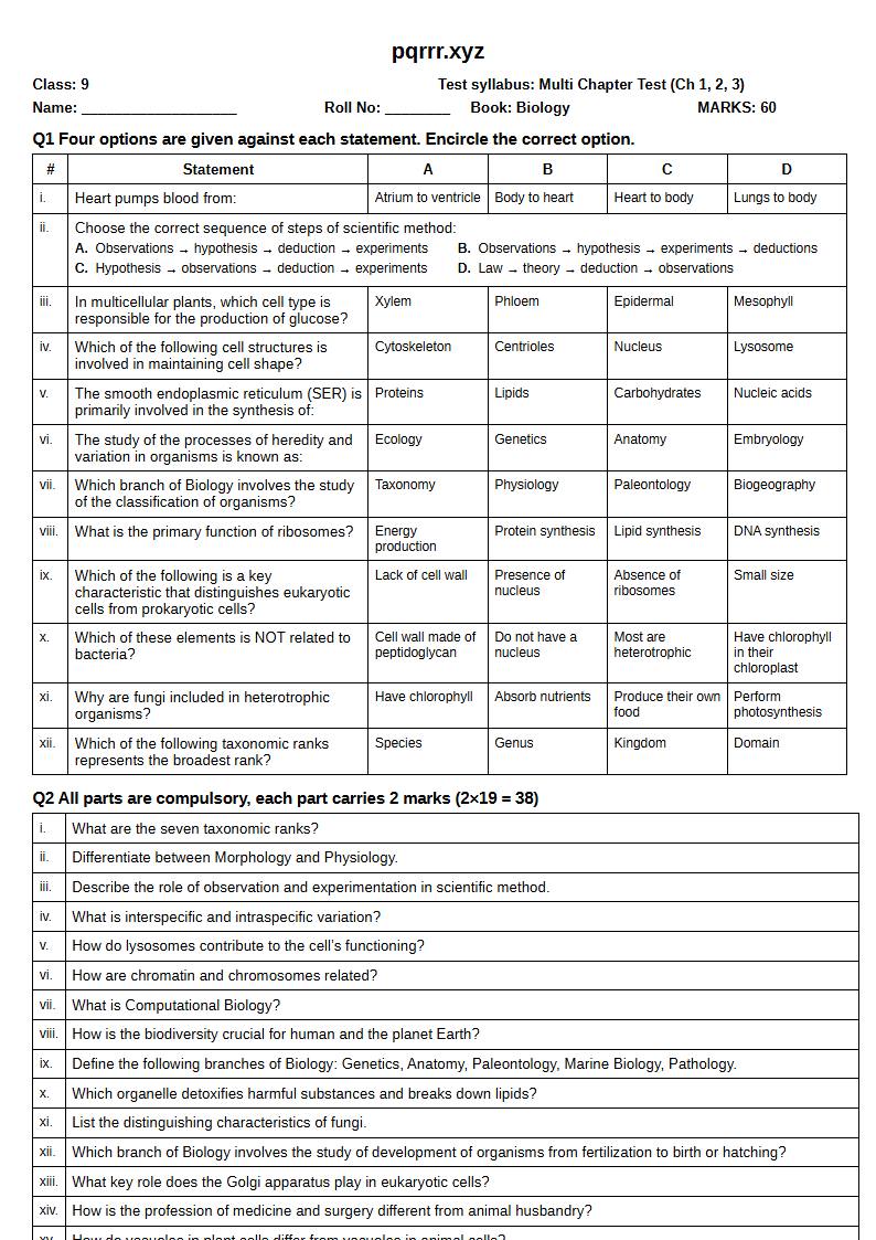 First page of 9th Biology – Chapters 1–3 – Multi Chapter Test, 60 marks (English)