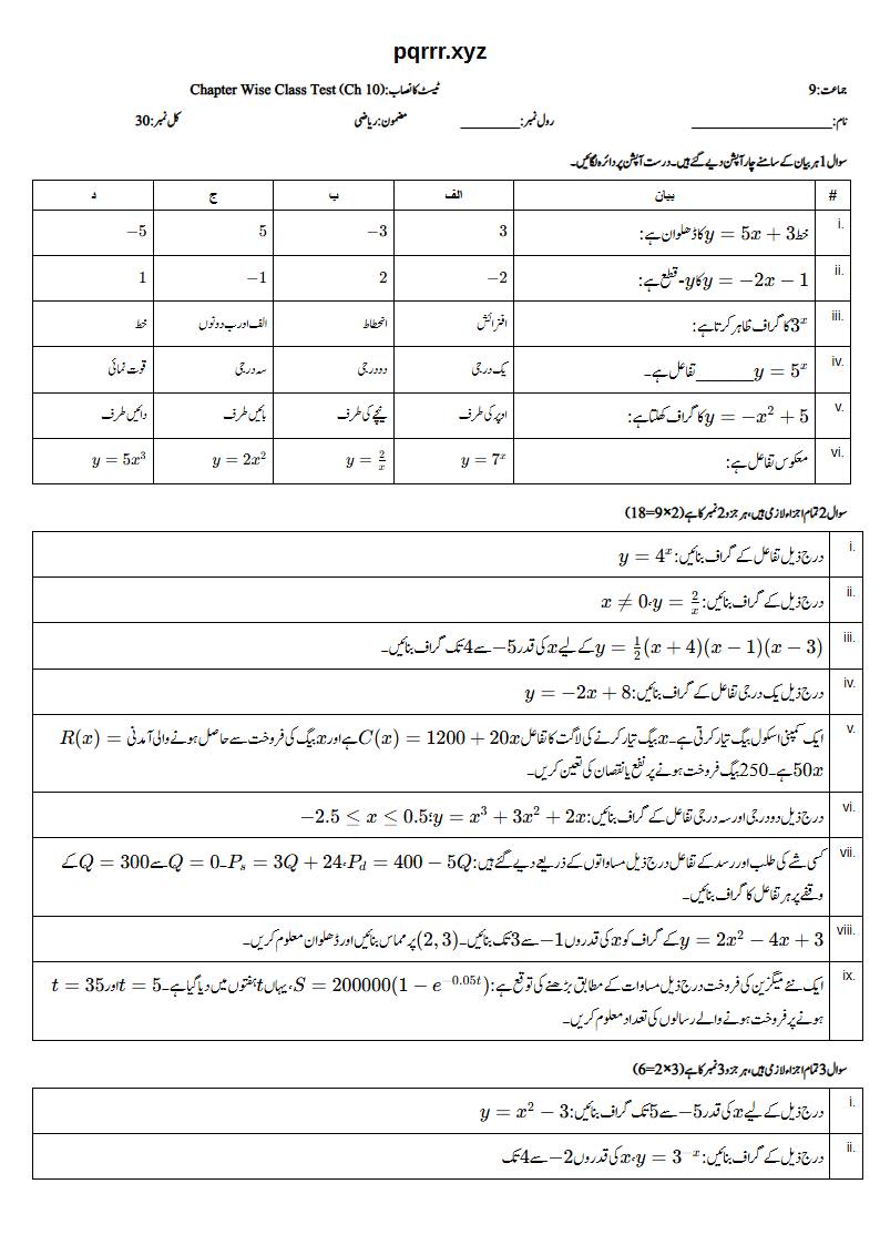 First page of 9th Mathematics – Chapter 10 – Graphs of Functions – Chapter Wise Class Test, 30 marks (Urdu)