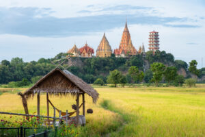 Cottage on rice field with Wat Tham Sua church on hill at Kanchanaburi, Thailand