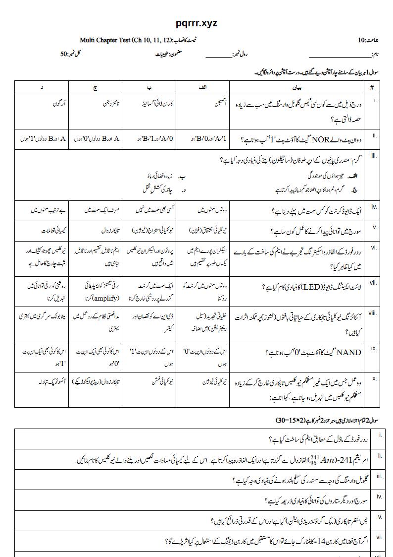 First page of 10th Physics – Chapters 10–12 – Multi Chapter Test, 50 marks (Urdu)