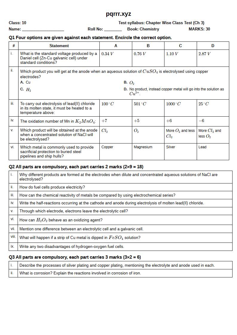 First page of 10th Chemistry – Chapter 3 – Electrochemistry – Chapter Wise Class Test, 30 marks (English)
