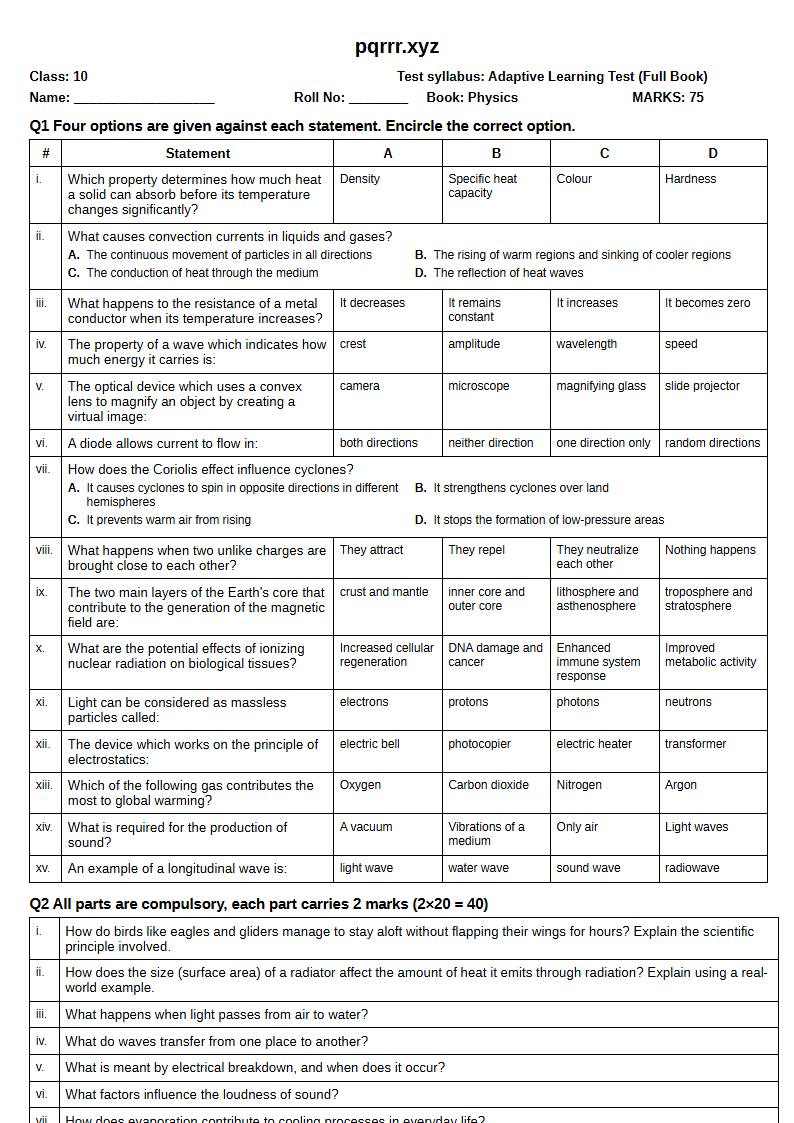 First page of 10th Physics – Complete book – Adaptive Learning Test, 75 marks (English)