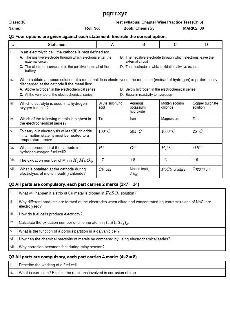 First page of 10th Chemistry – Chapter 3 – Electrochemistry – Chapter Wise Practice Test, 30 marks (English)