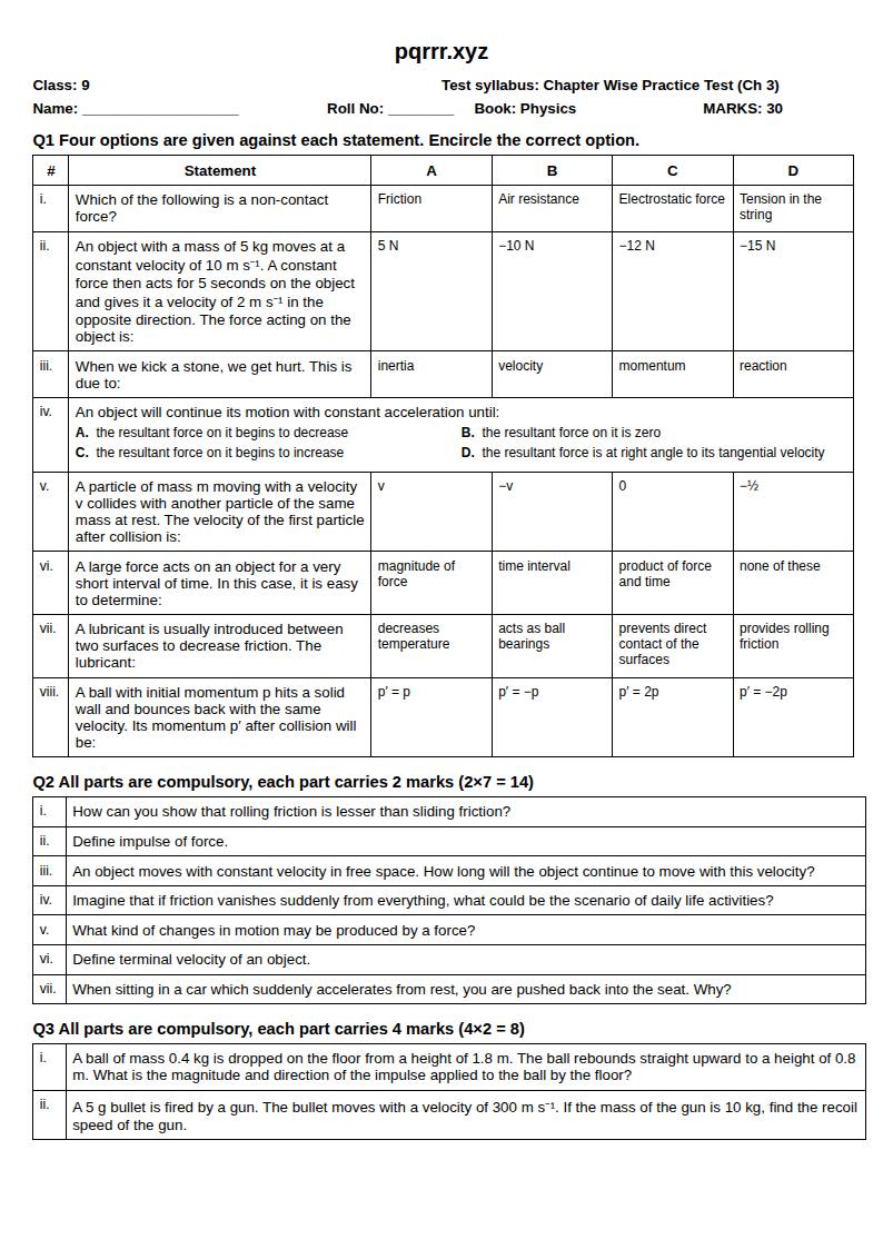 First page of 9th Physics – Chapter 3 – Dynamics – Chapter Wise Practice Test, 30 marks (English)