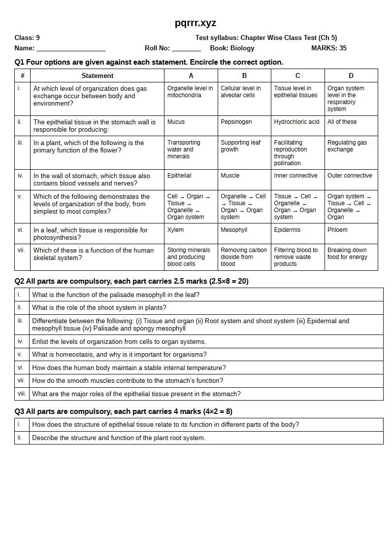 First page of 9th Biology – Chapter 5 – Tissues, Organs and Organ Systems – Chapter Wise Class Test, 35 marks (English)