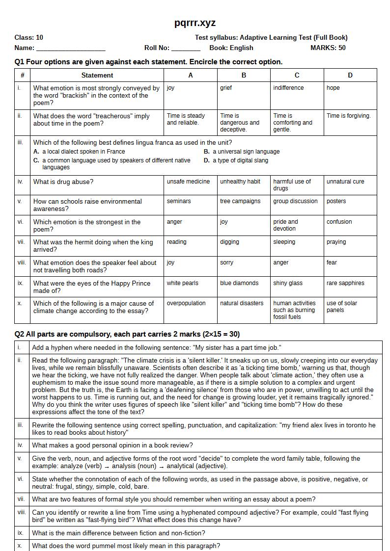 First page of 10th English – Complete book – Adaptive Learning Test, 50 marks (English)