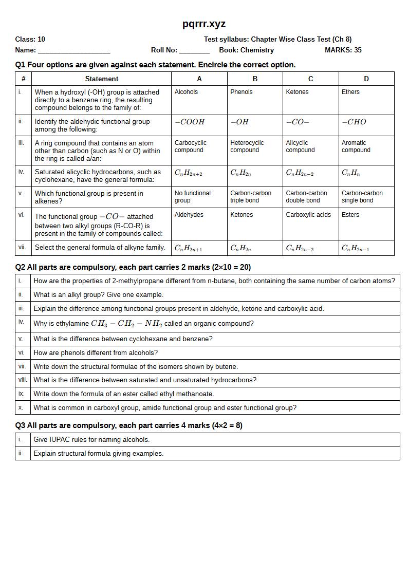 First page of 10th Chemistry – Chapter 8 – Organic Chemistry – Chapter Wise Class Test, 35 marks (English)