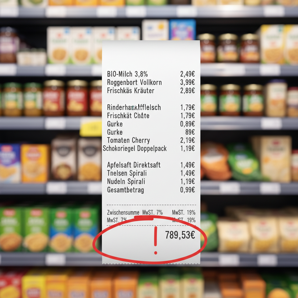 Hoher Kassenbon-Betrag im Supermarkt, rot eingekreist