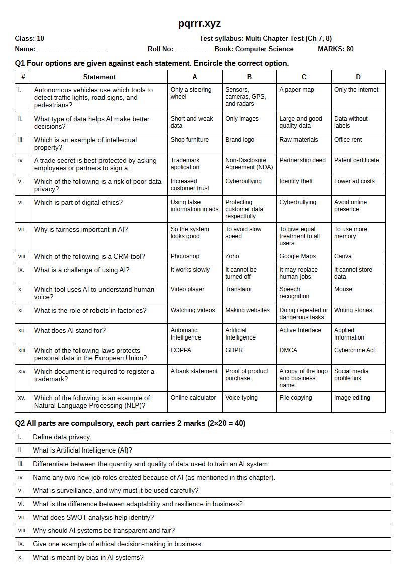 First page of 10th Computer Science – Chapters 7–8 – Multi Chapter Test, 75 marks (English)