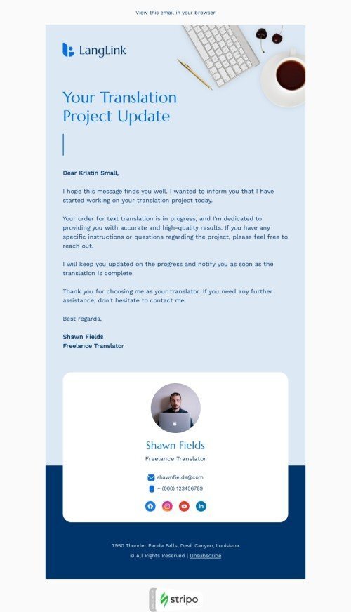 Order confirmation email template "Freelance translator" for translation industry