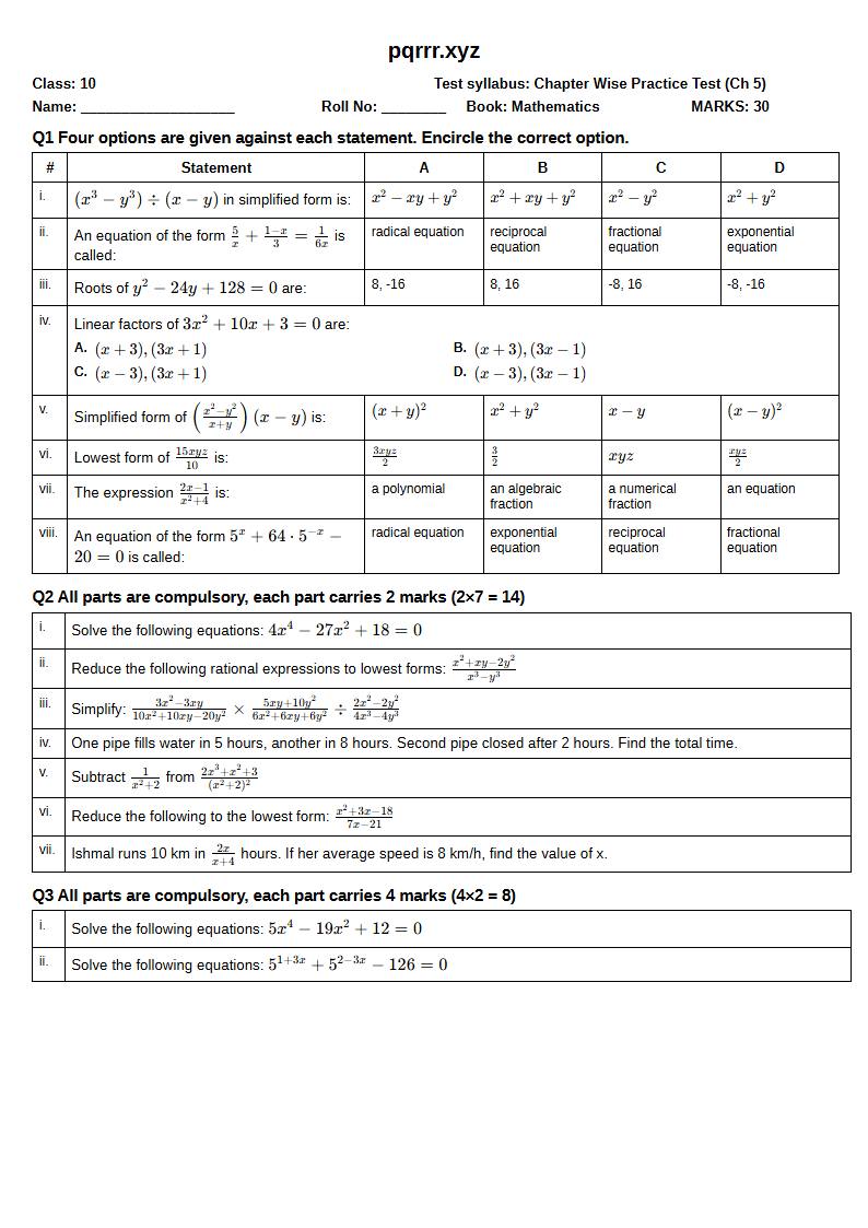 First page of 10th Mathematics – Chapter 5 – Algebraic Fractions – Chapter Wise Practice Test, 30 marks (English)
