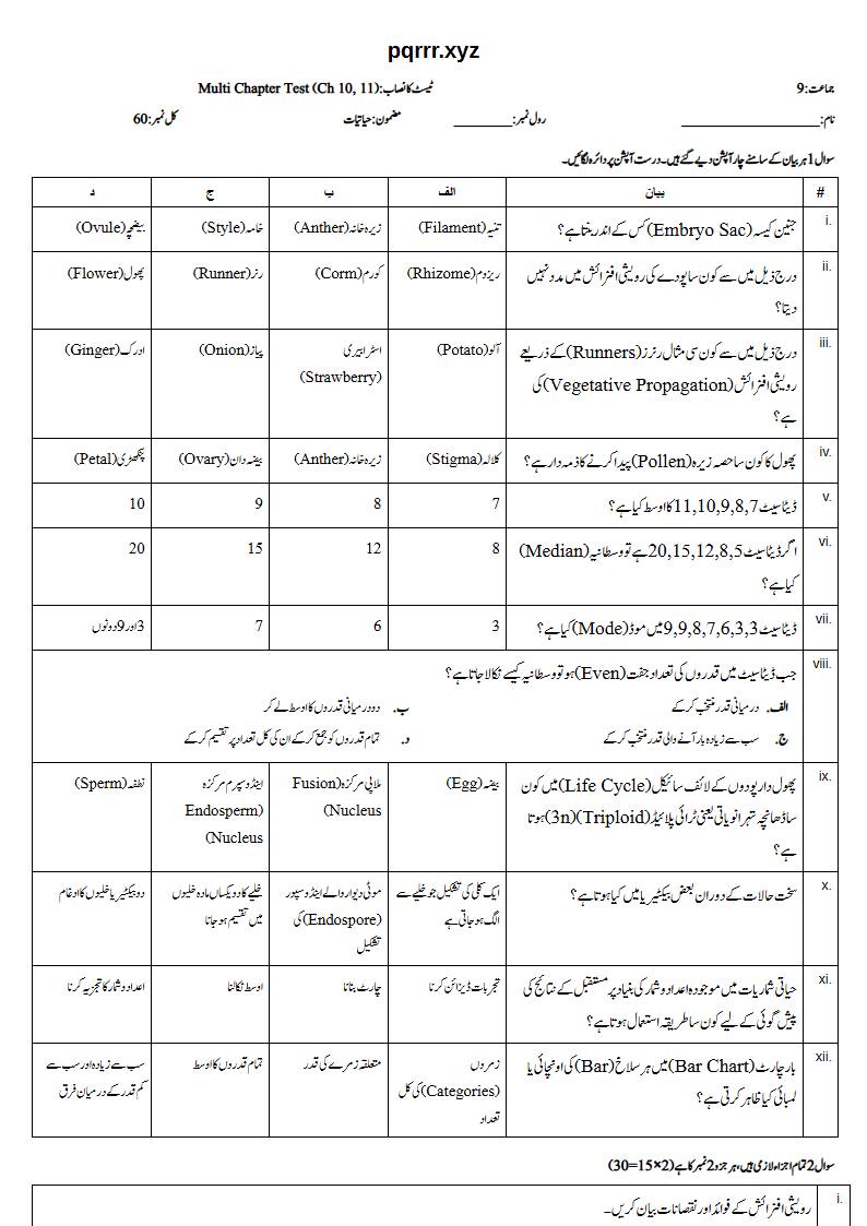 First page of 9th Biology – Chapters 10–11 – Multi Chapter Test, 60 marks (Urdu)