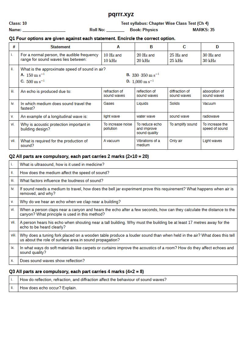 First page of 10th Physics – Chapter 4 – Sound – Chapter Wise Class Test, 35 marks (English)