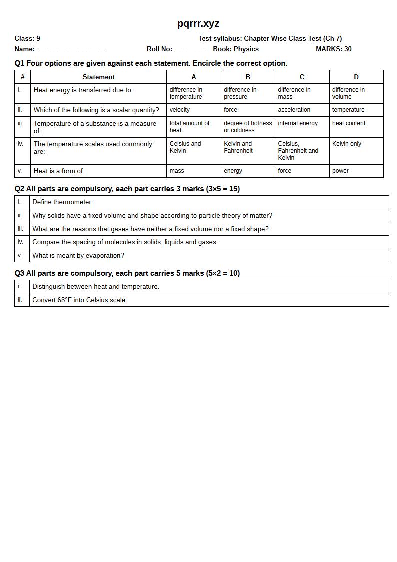 First page of 9th Physics – Chapter 7 – Thermal Properties of Matter – Chapter Wise Class Test, 30 marks (English)