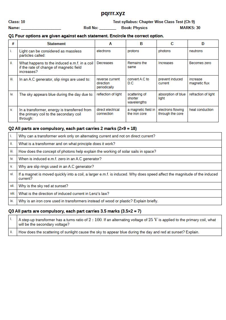First page of 10th Physics – Chapter 9 – Electromagnetic Induction and Electromagnetic Waves – Chapter Wise Class Test, 30 marks (English)