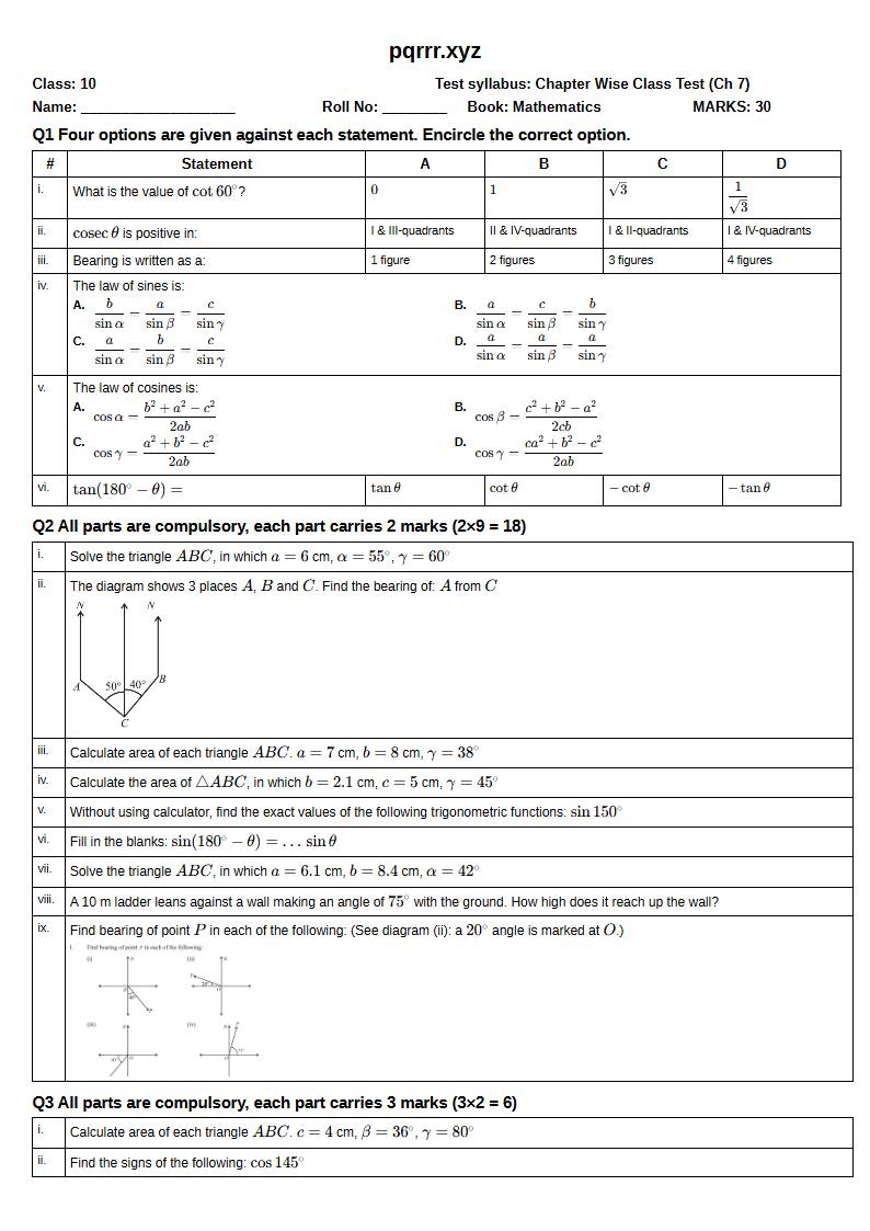 First page of 10th Mathematics – Chapter 7 – Trigonometry – Chapter Wise Class Test, 30 marks (English)