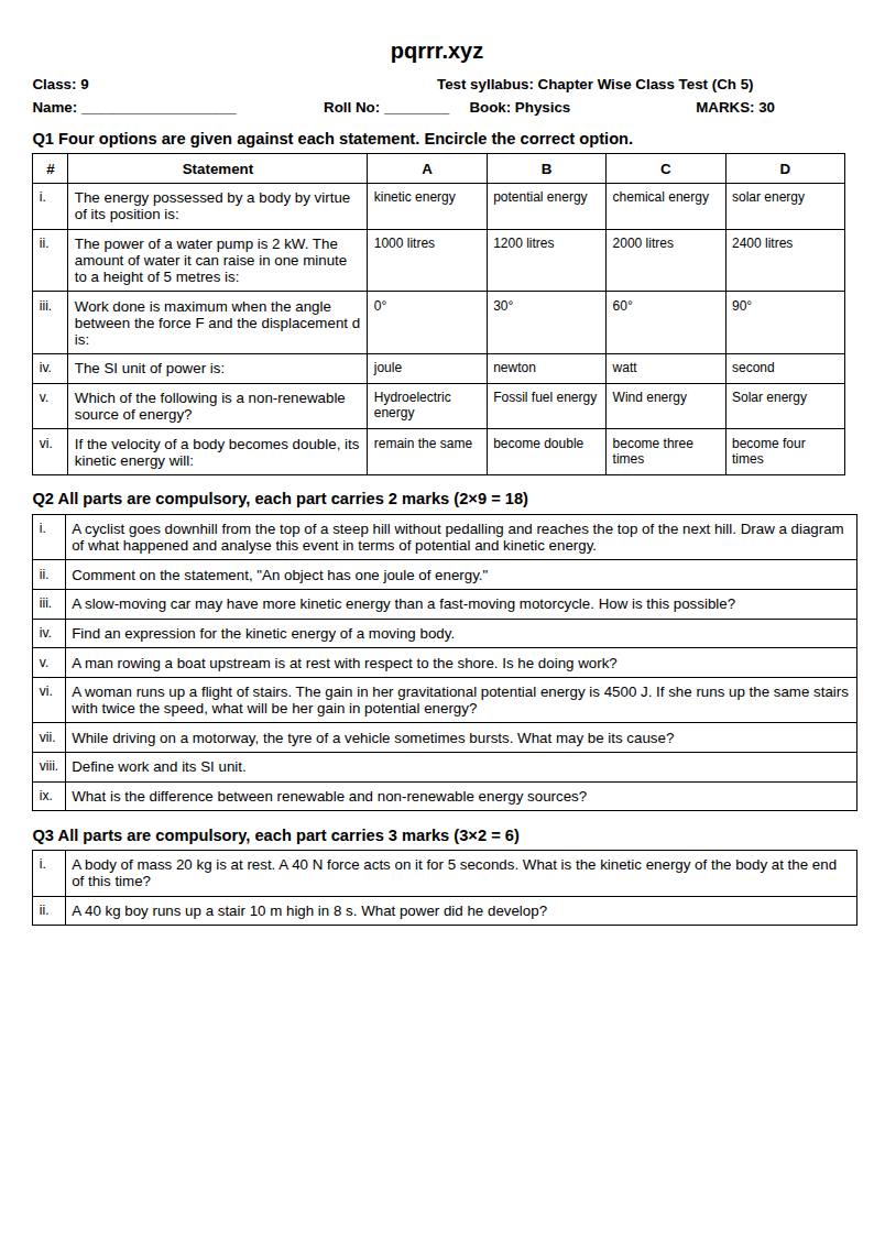 First page of 9th Physics – Chapter 5 – Work, Energy and Power – Chapter Wise Class Test, 30 marks (English)